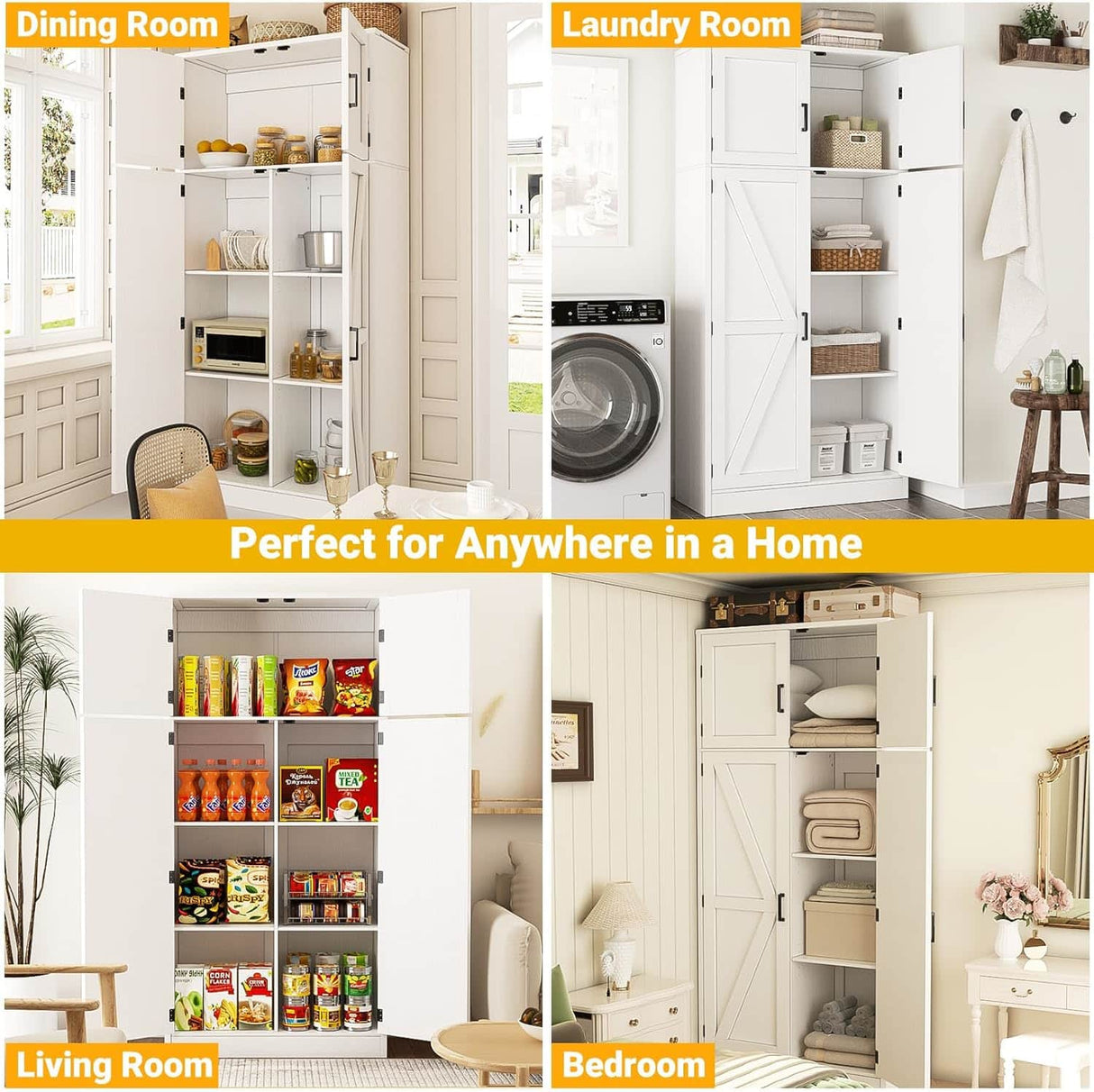 71” Tall Farmhouse Kitchen Pantry Cabinet with Adjustable Shelves and Barn Doors