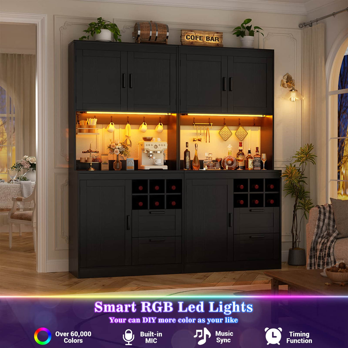 72" Tall Pantry Cabinet with LED Light & Outlet, 63" Wide Kitchen Hutch, 2 Packs