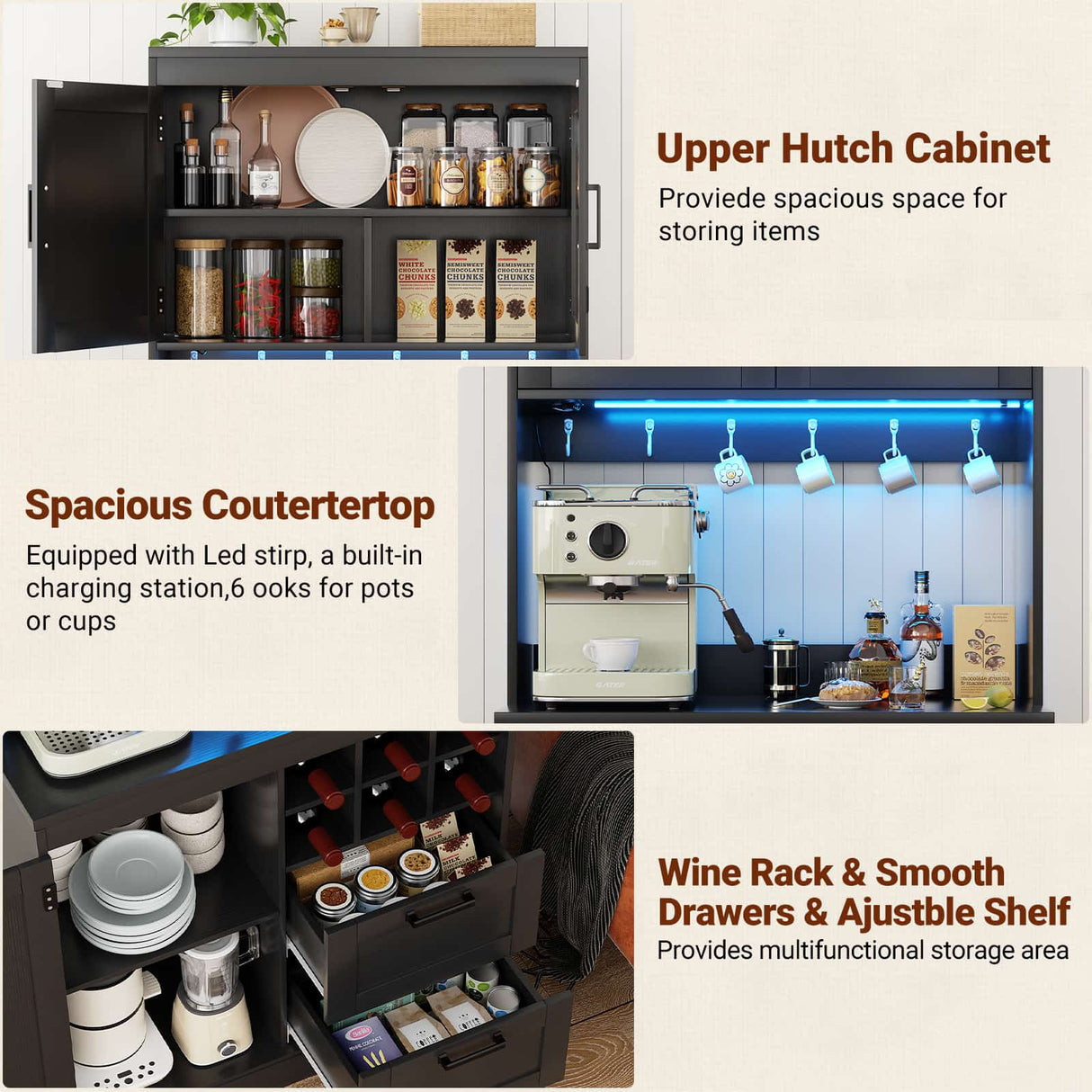 72" Tall Pantry Cabinet with LED Light & Outlet, 63" Wide Kitchen Hutch, 2 Packs