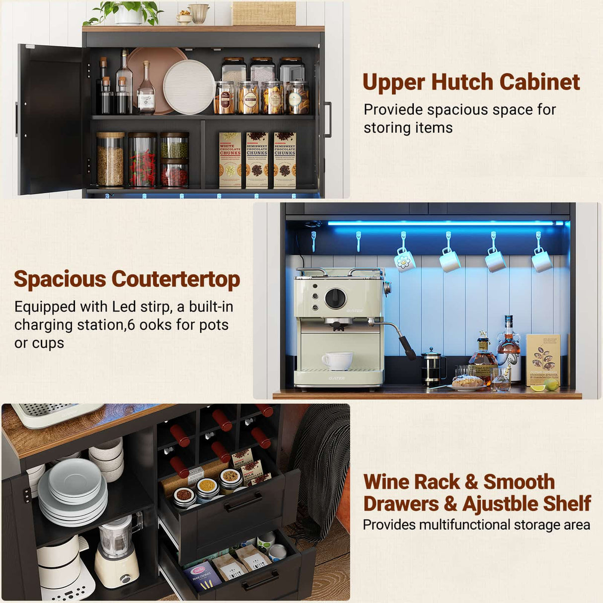 72" Tall Pantry Cabinet with LED Light & Outlet, 63" Wide Kitchen Hutch, 2 Packs
