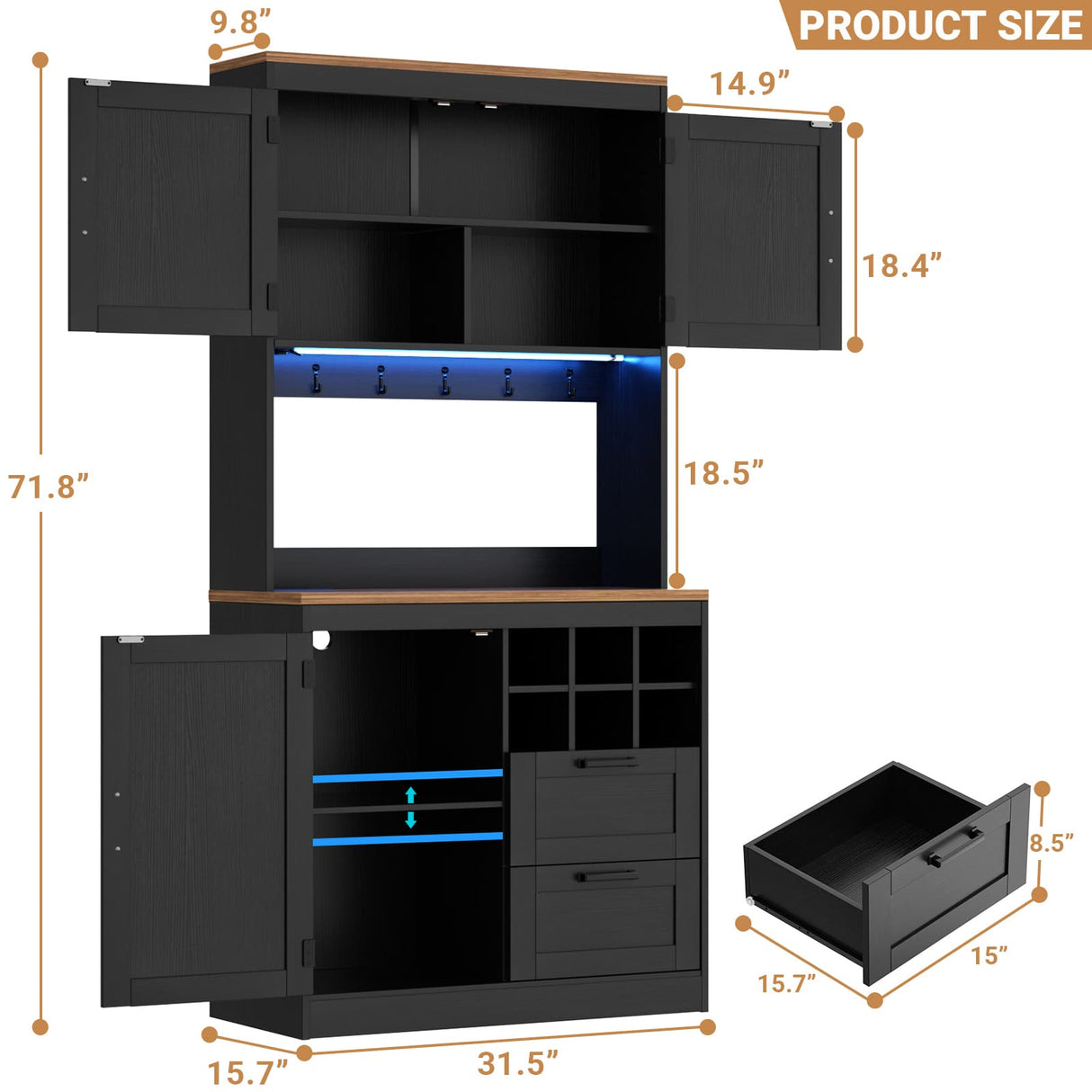 72'' Tall Modern Pantry Cabinet with 2 Drawers and Grid Storage