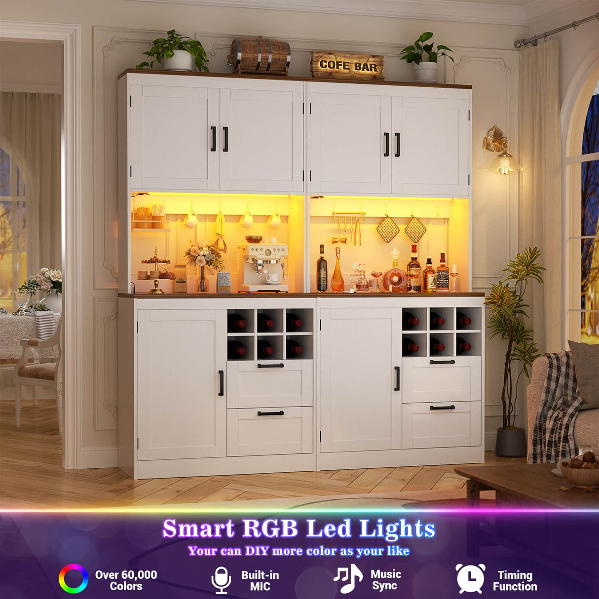 72" Tall Pantry Cabinet with LED Light & Outlet, 63" Wide Kitchen Hutch, 2 Packs
