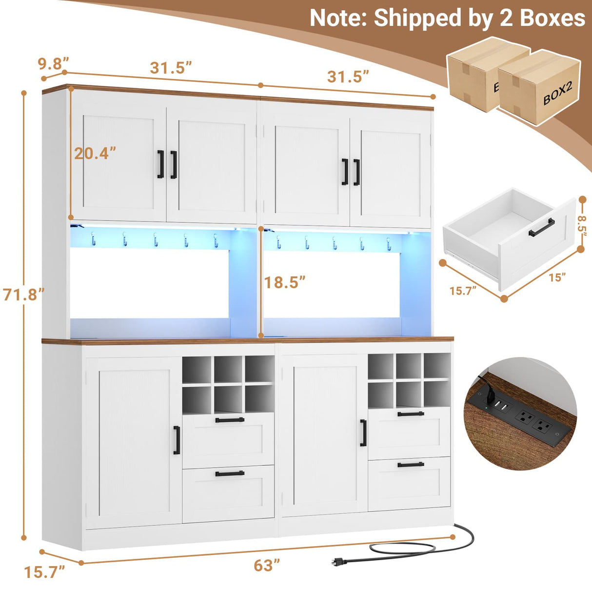 72" Tall Pantry Cabinet with LED Light & Outlet, 63" Wide Kitchen Hutch, 2 Packs