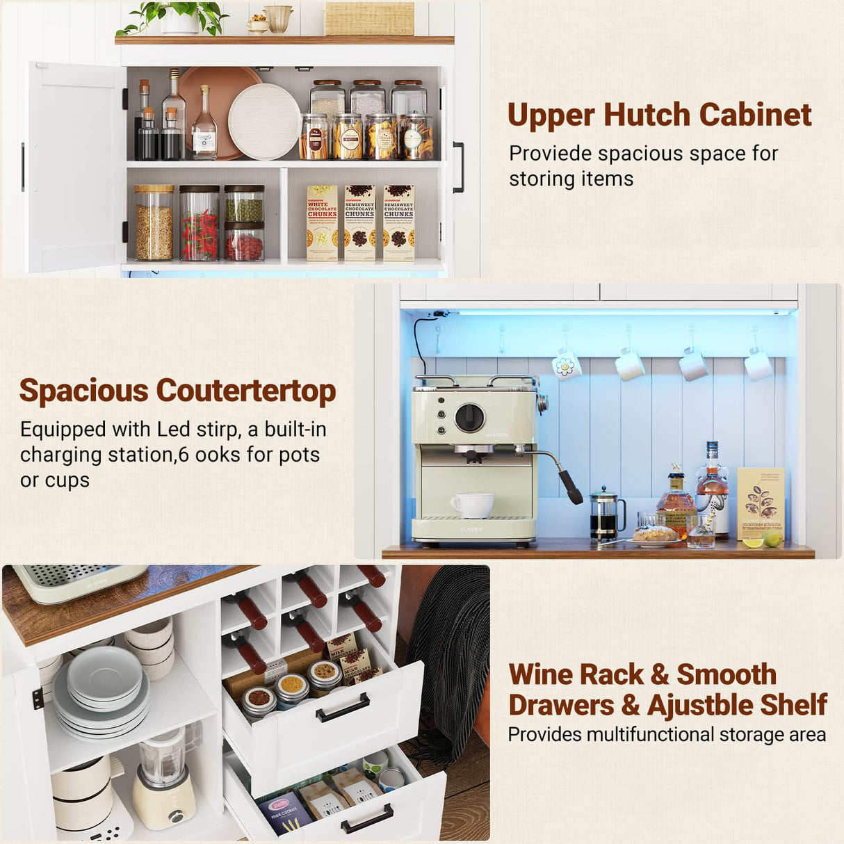 72" Tall Pantry Cabinet with LED Light & Outlet, 63" Wide Kitchen Hutch, 2 Packs