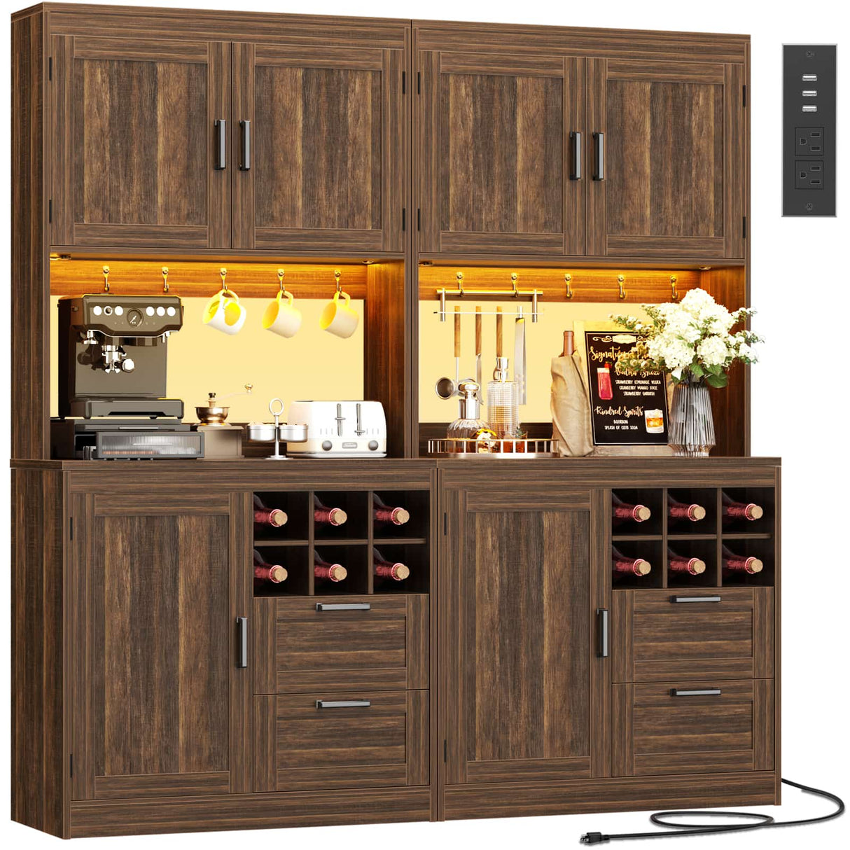72" Tall Pantry Cabinet with LED Light & Outlet, 63" Wide Kitchen Hutch, 2 Packs