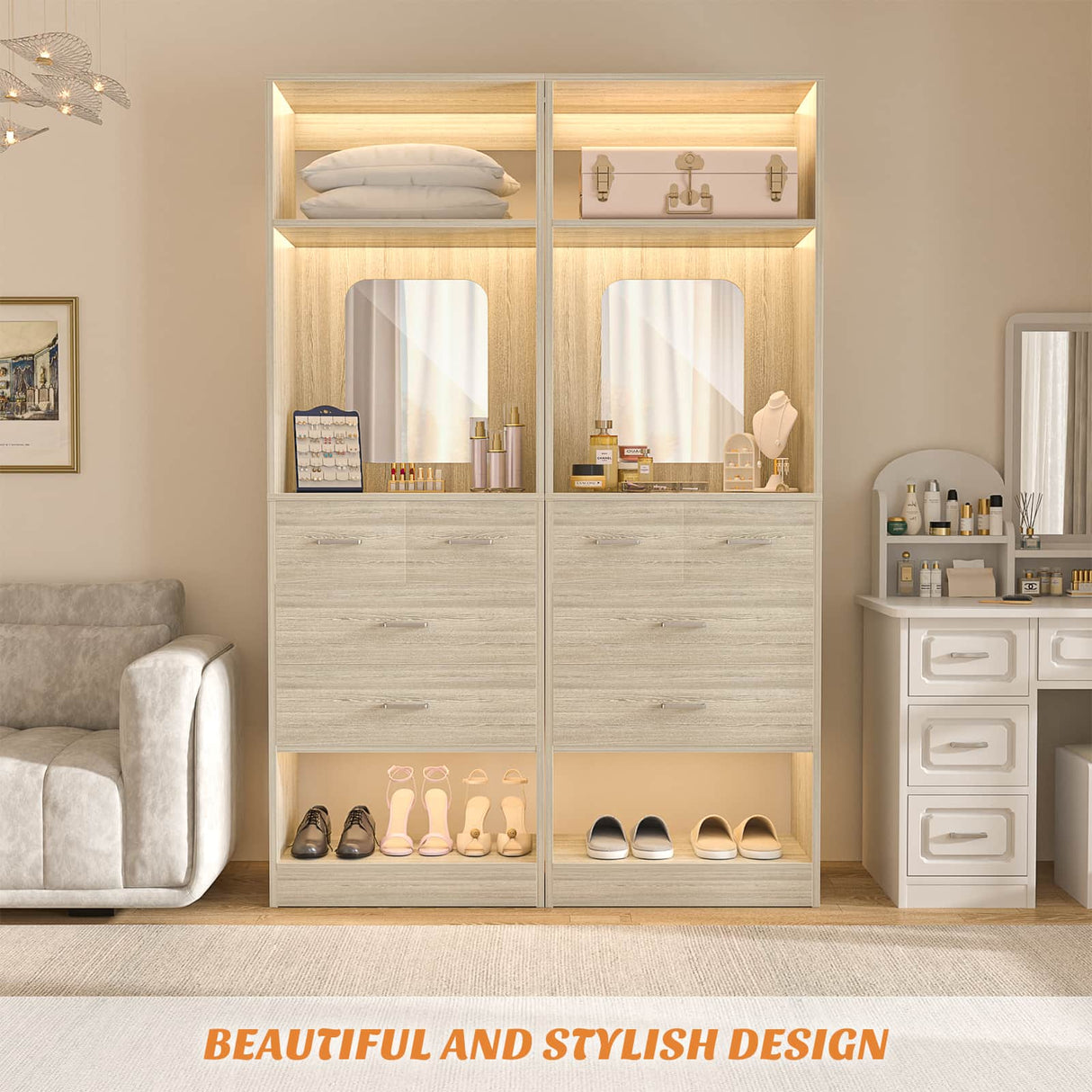 50 Inch Closet System with Drawers, 4FT Wood Closets Organizer with Mirror Design