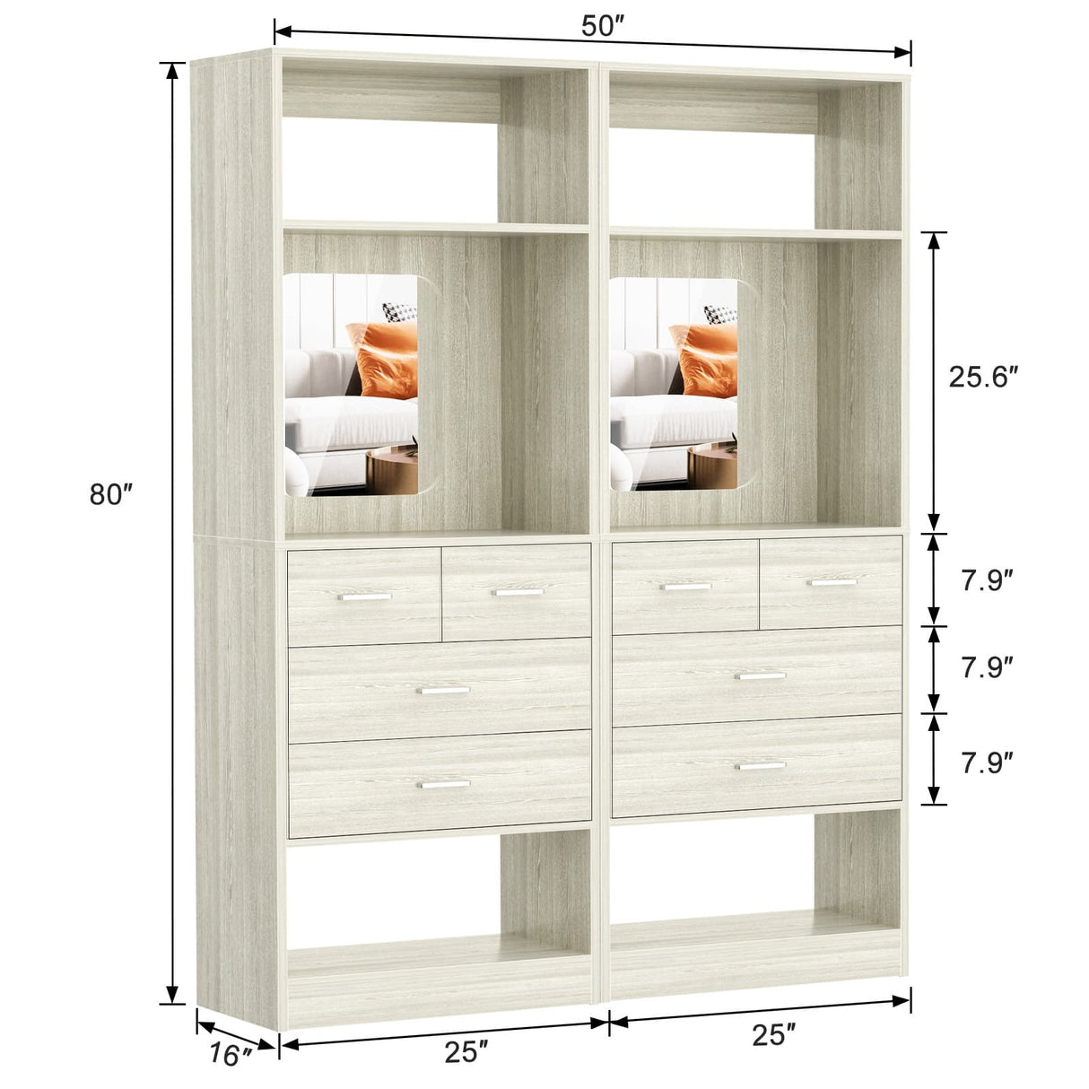 50 Inch Closet System with Drawers, 4FT Wood Closets Organizer with Mirror Design