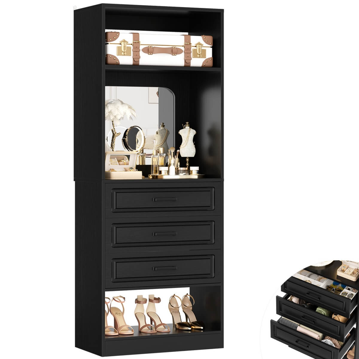25'' Freestanding Walk-in Closet System with 3 Wooden Drawers & Mirror