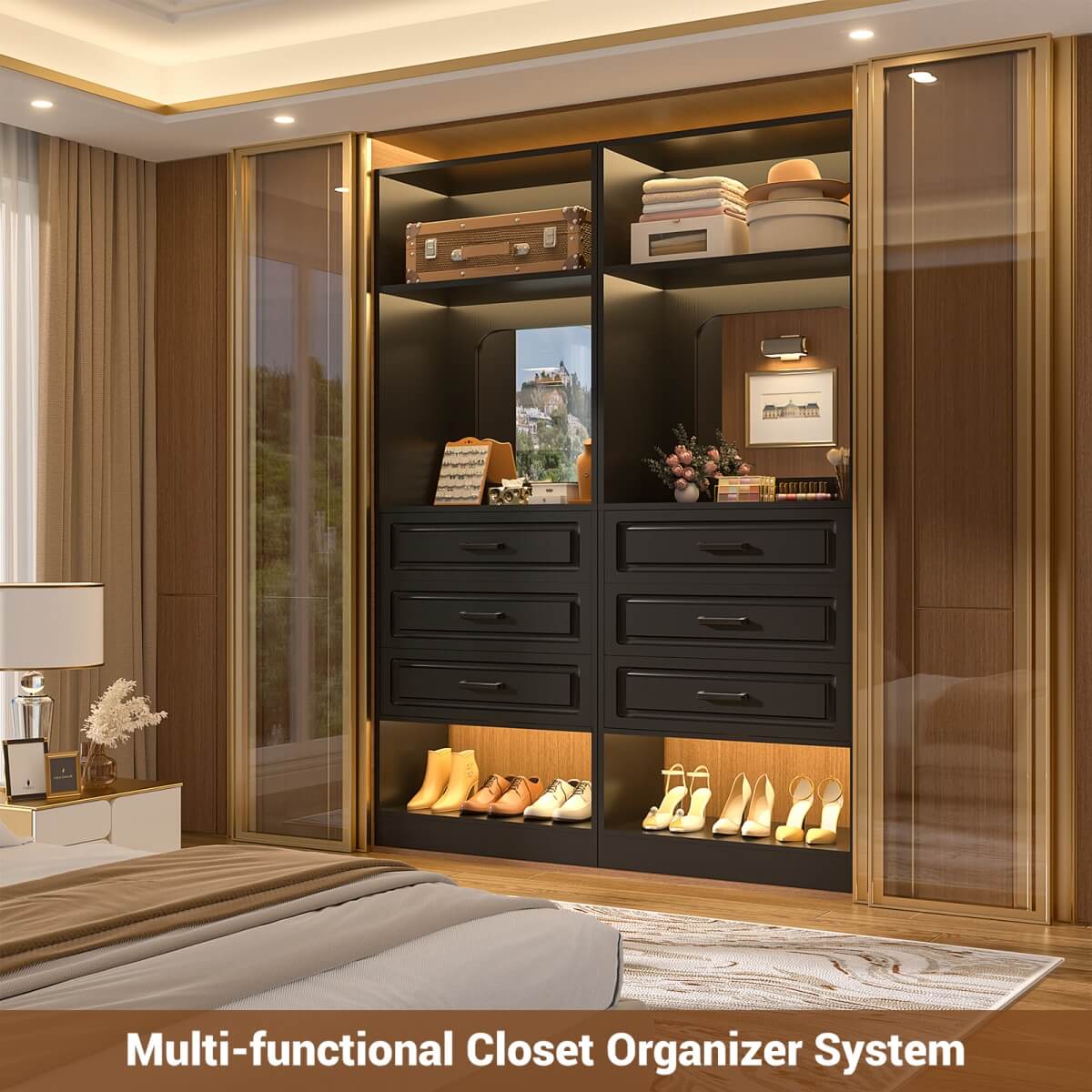 25'' Freestanding Walk-in Closet System with 3 Wooden Drawers & Mirror