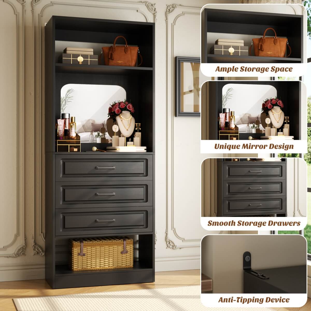 25'' Freestanding Walk-in Closet System with 3 Wooden Drawers & Mirror