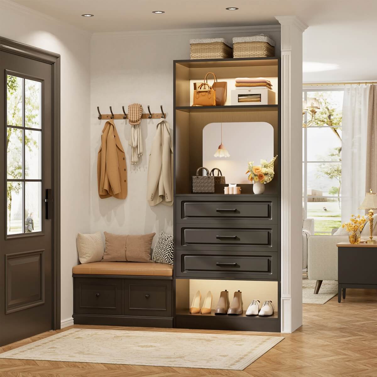 25'' Freestanding Walk-in Closet System with 3 Wooden Drawers & Mirror