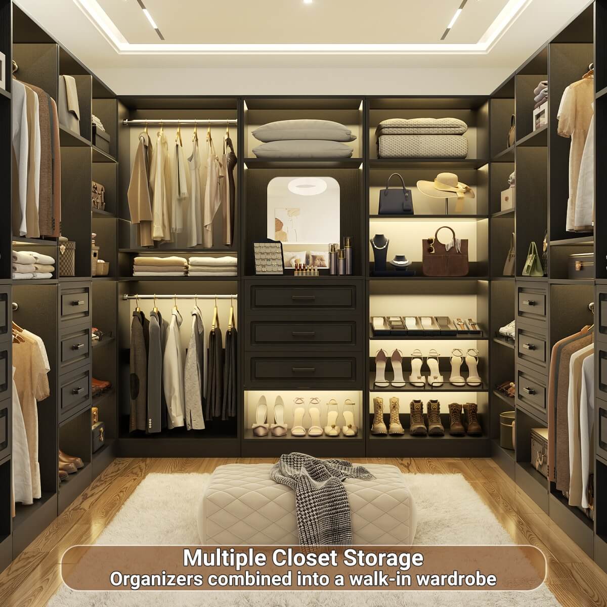 25'' Freestanding Walk-in Closet System with 3 Wooden Drawers & Mirror