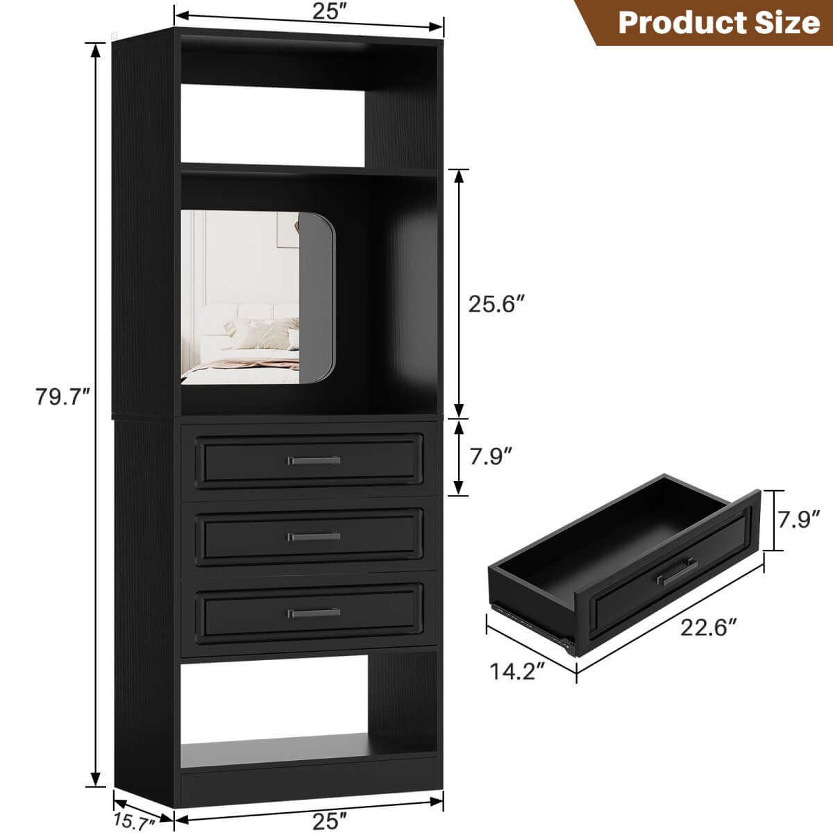 25'' Freestanding Walk-in Closet System with 3 Wooden Drawers & Mirror