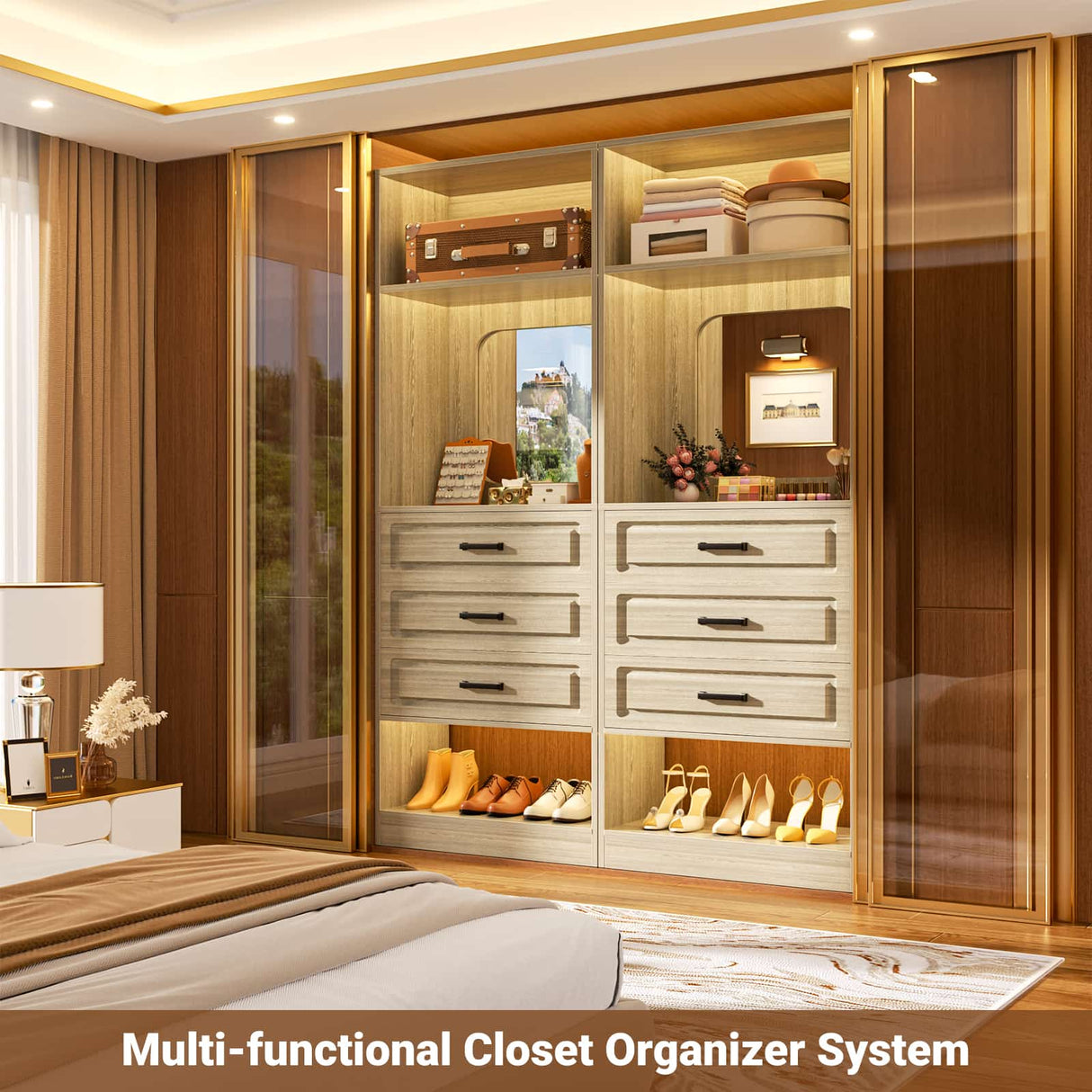 25'' Freestanding Walk-in Closet System with 3 Wooden Drawers & Mirror