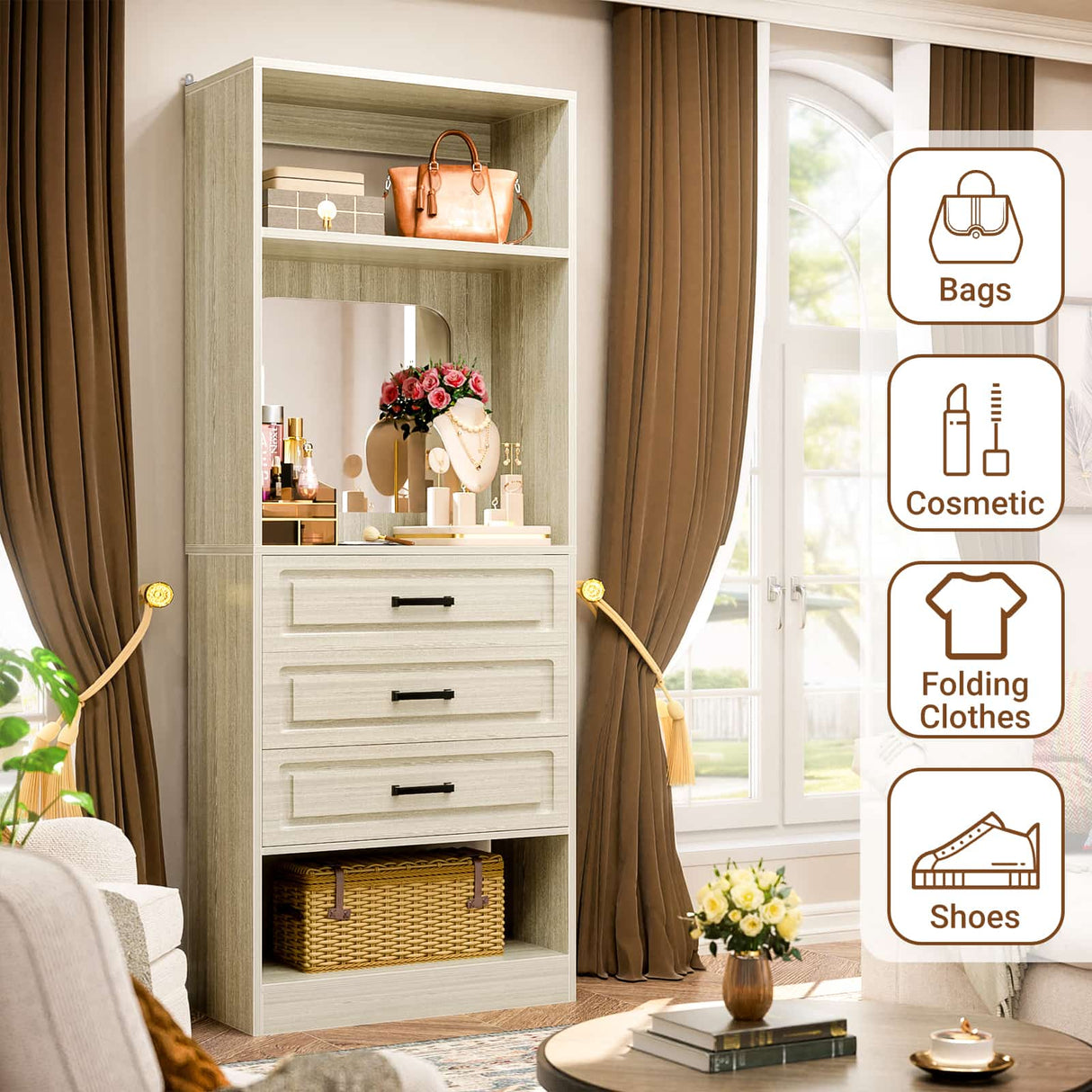 25'' Freestanding Walk-in Closet System with 3 Wooden Drawers & Mirror