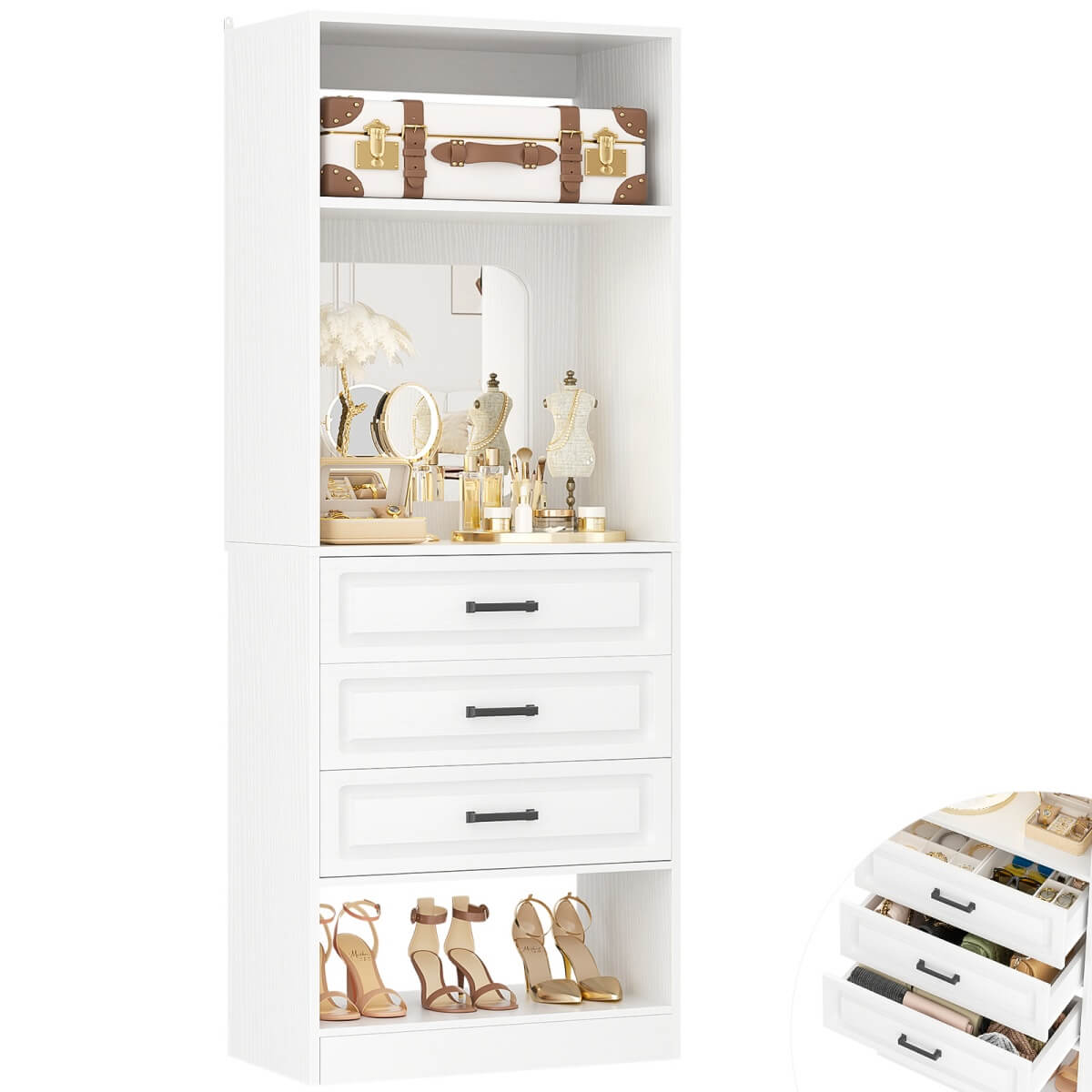 25'' Freestanding Walk-in Closet System with 3 Wooden Drawers & Mirror