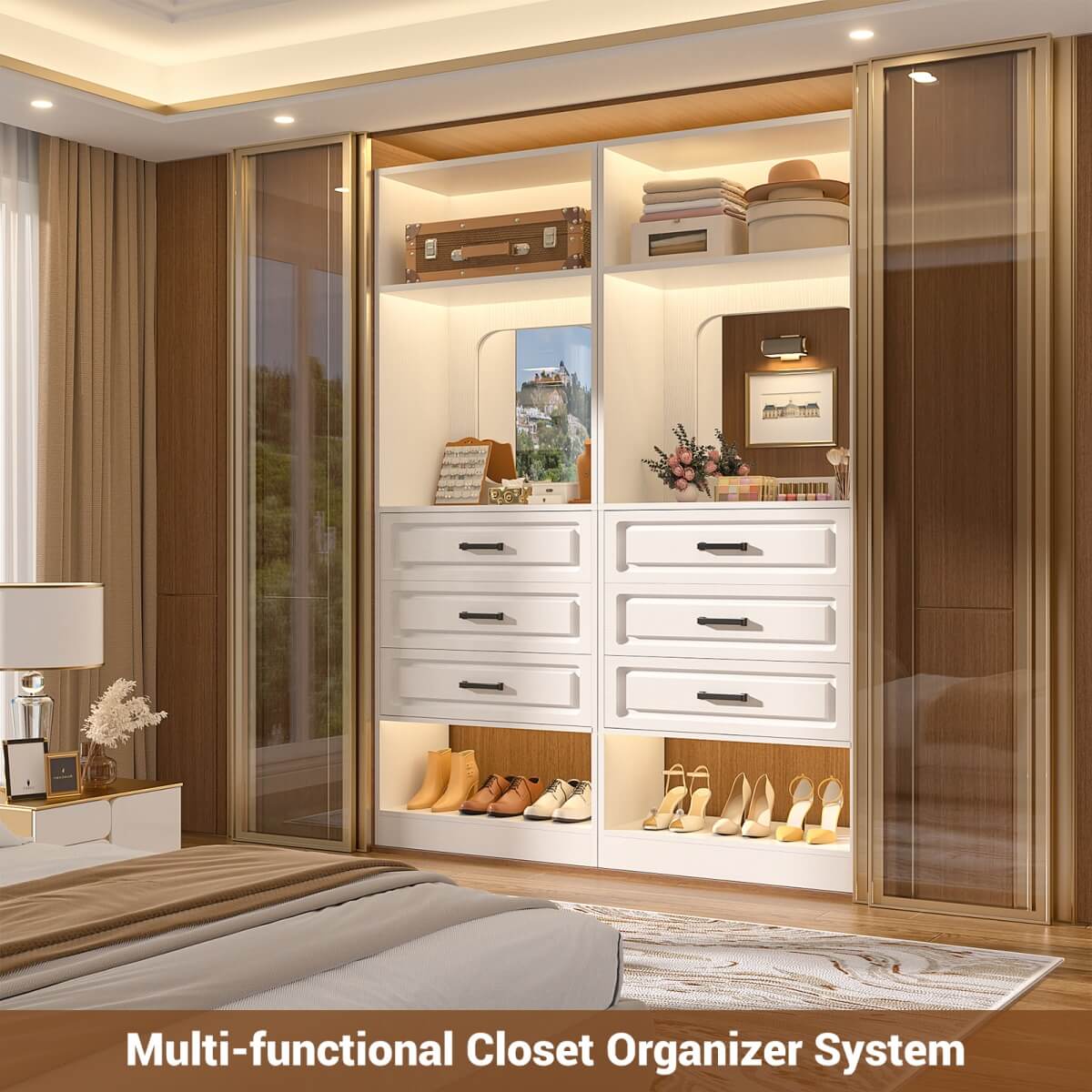 25'' Freestanding Walk-in Closet System with 3 Wooden Drawers & Mirror