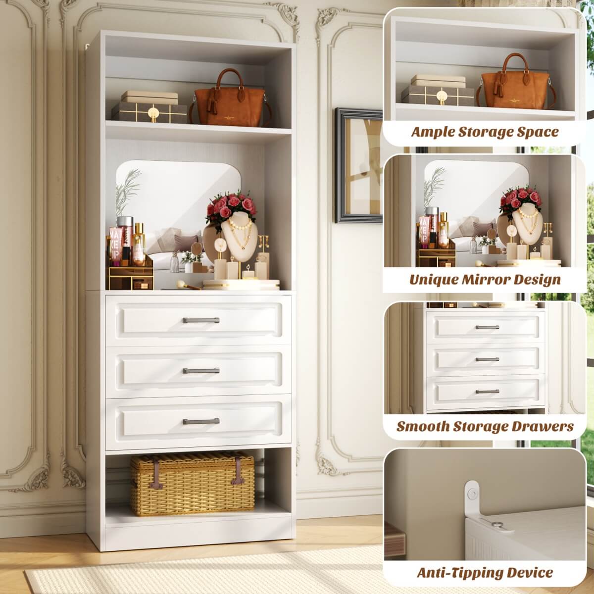 25'' Freestanding Walk-in Closet System with 3 Wooden Drawers & Mirror