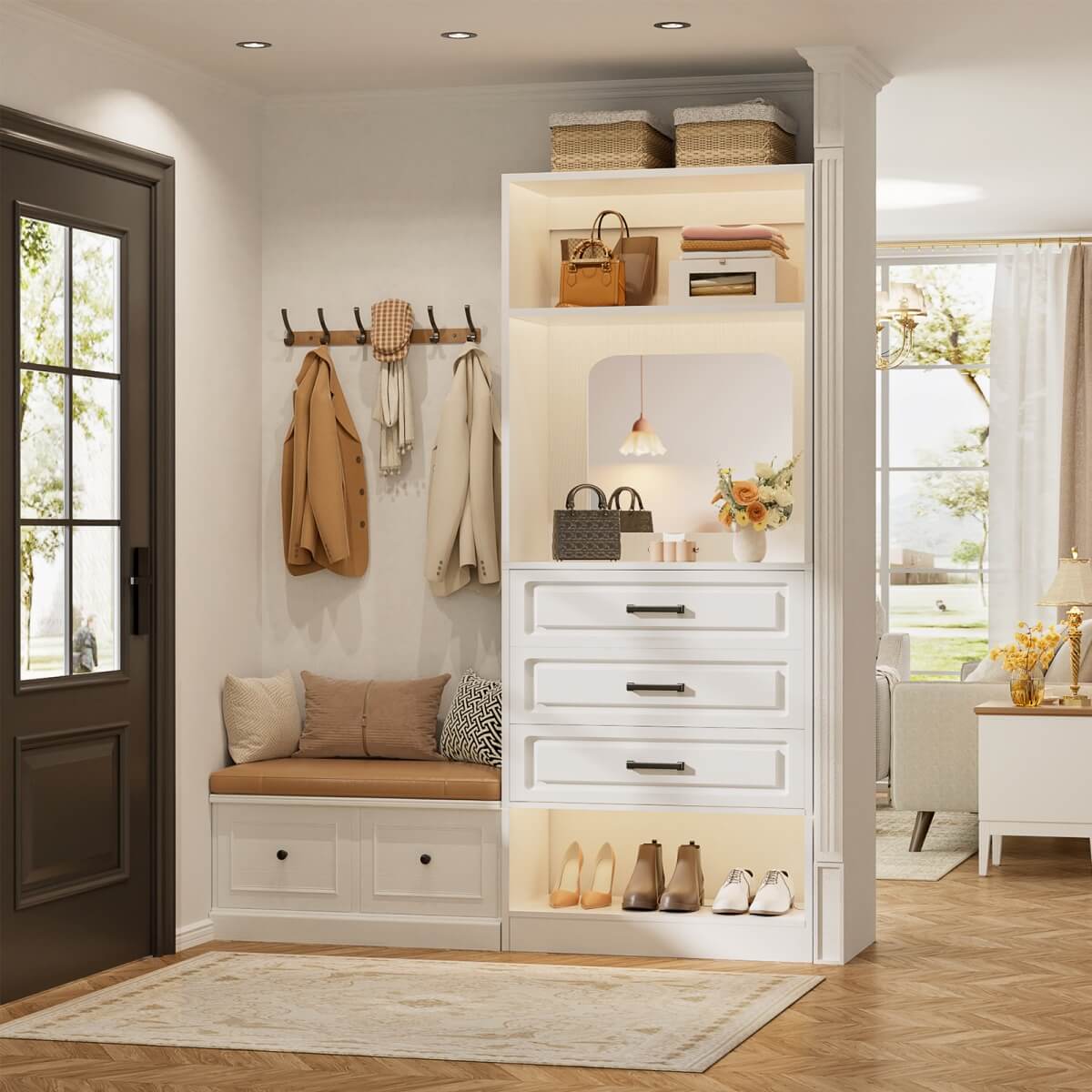 25'' Freestanding Walk-in Closet System with 3 Wooden Drawers & Mirror