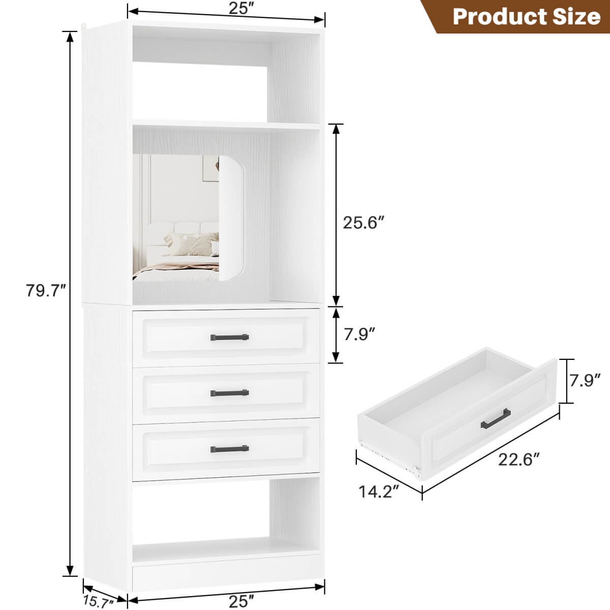 25'' Freestanding Walk-in Closet System with 3 Wooden Drawers & Mirror