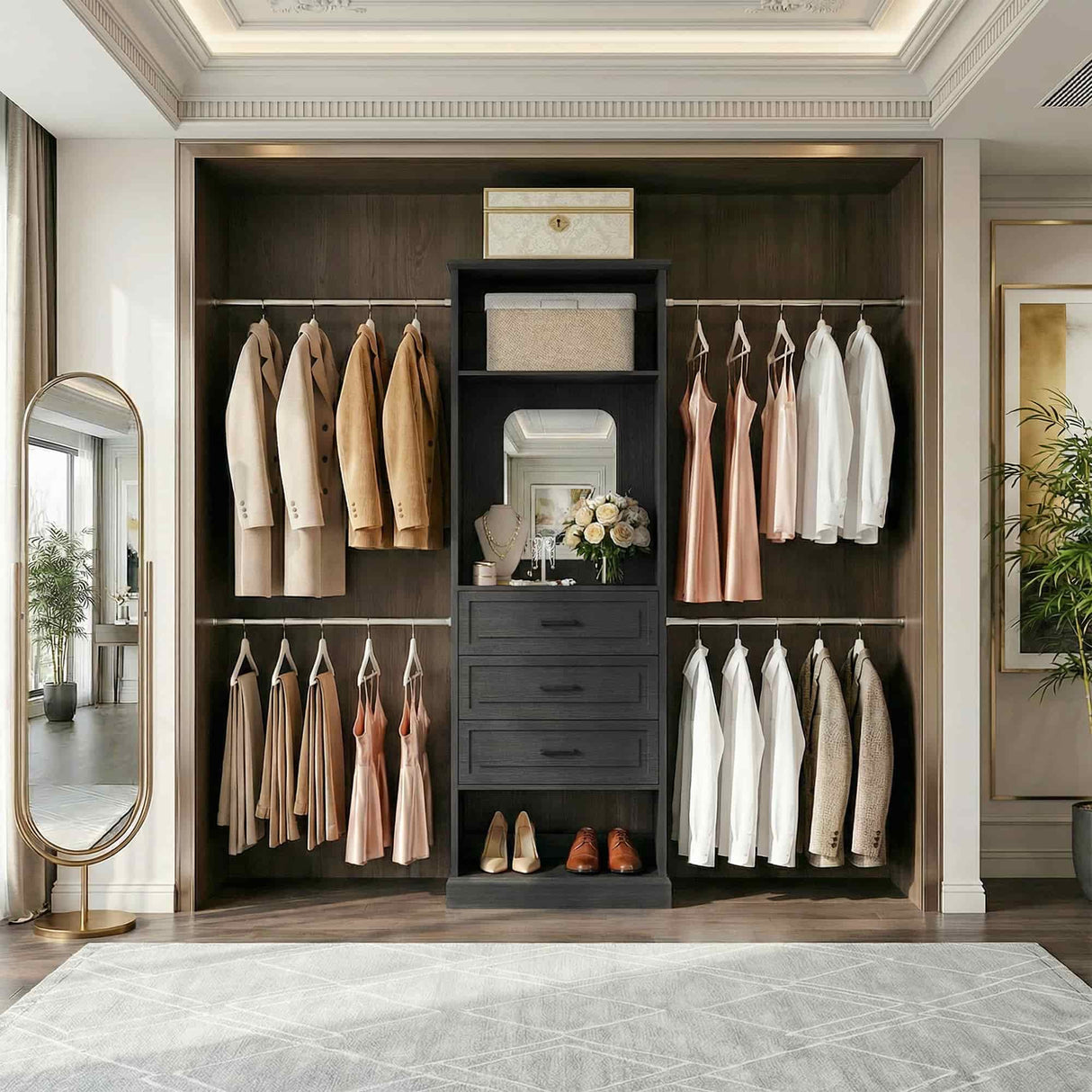 8FT Closet System with Drawers, Mirror & Adjustable Hanging Rods, Heavy Duty Walk-in Closet Organizer for Bedroom Storage