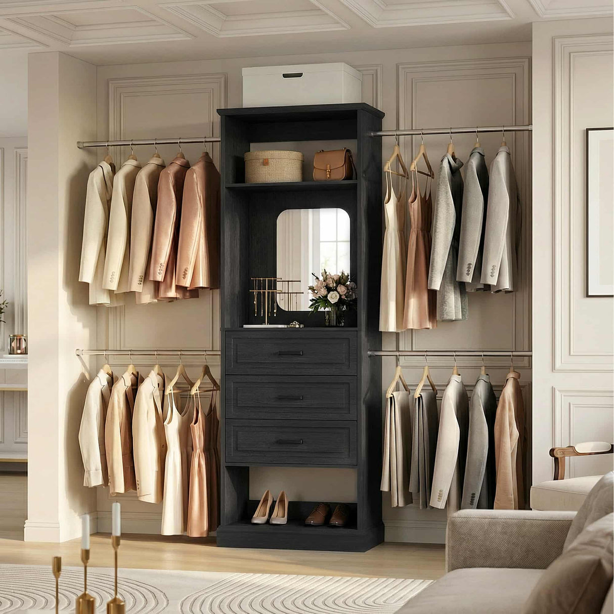 8FT Closet System with Drawers, Mirror & Adjustable Hanging Rods, Heavy Duty Walk-in Closet Organizer for Bedroom Storage