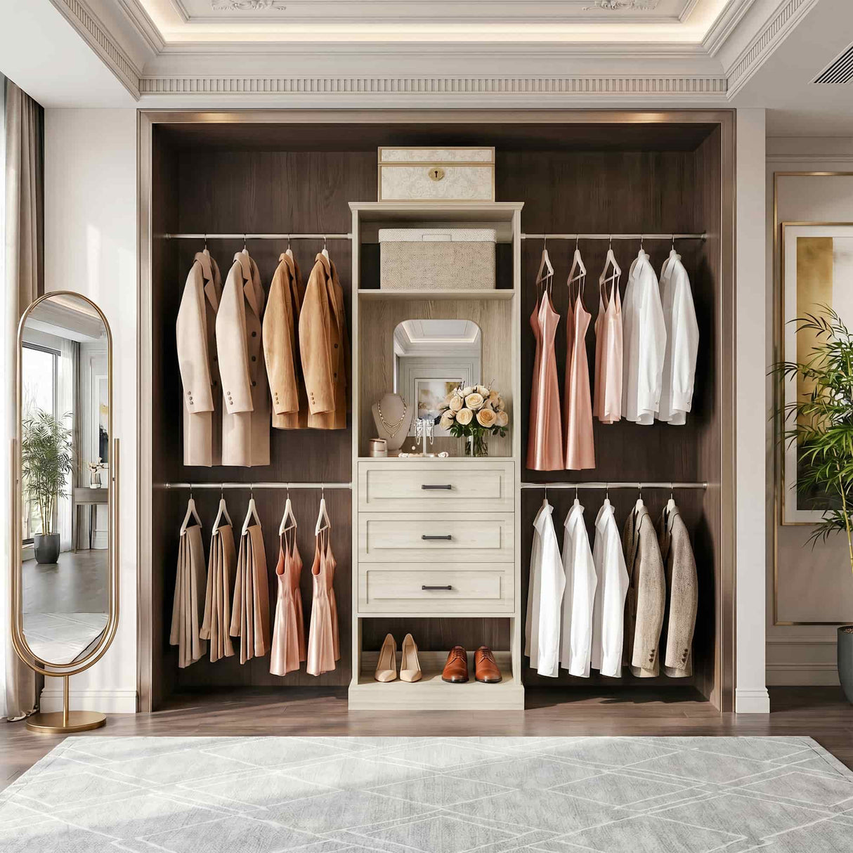 8FT Closet System with Drawers, Mirror & Adjustable Hanging Rods, Heavy Duty Walk-in Closet Organizer for Bedroom Storage