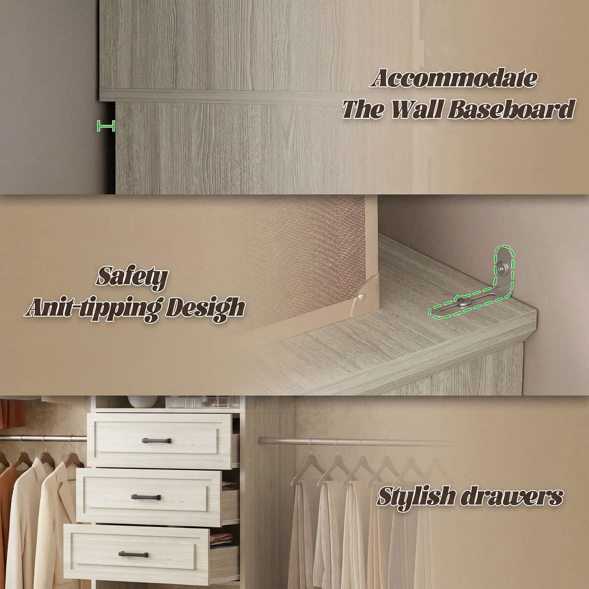 8FT Closet System with Drawers, Mirror & Adjustable Hanging Rods, Heavy Duty Walk-in Closet Organizer for Bedroom Storage