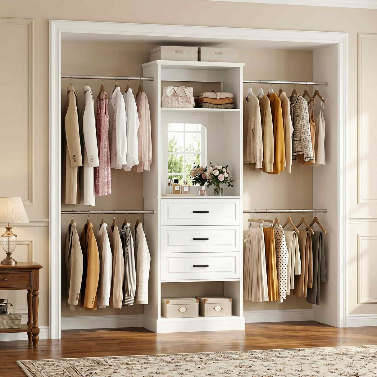 8FT Closet System with Drawers, Mirror & Adjustable Hanging Rods, Heavy Duty Walk-in Closet Organizer for Bedroom Storage