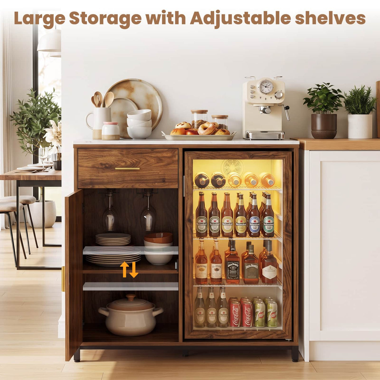 Small Coffee Bar Cabinet with Mini Fridge Space, Wine Bar with Charging Station & Drawer( Refrigerator not included )