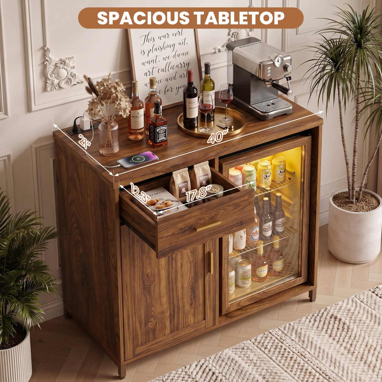 Small Coffee Bar Cabinet with Mini Fridge Space, Wine Bar with Charging Station & Drawer( Refrigerator not included )