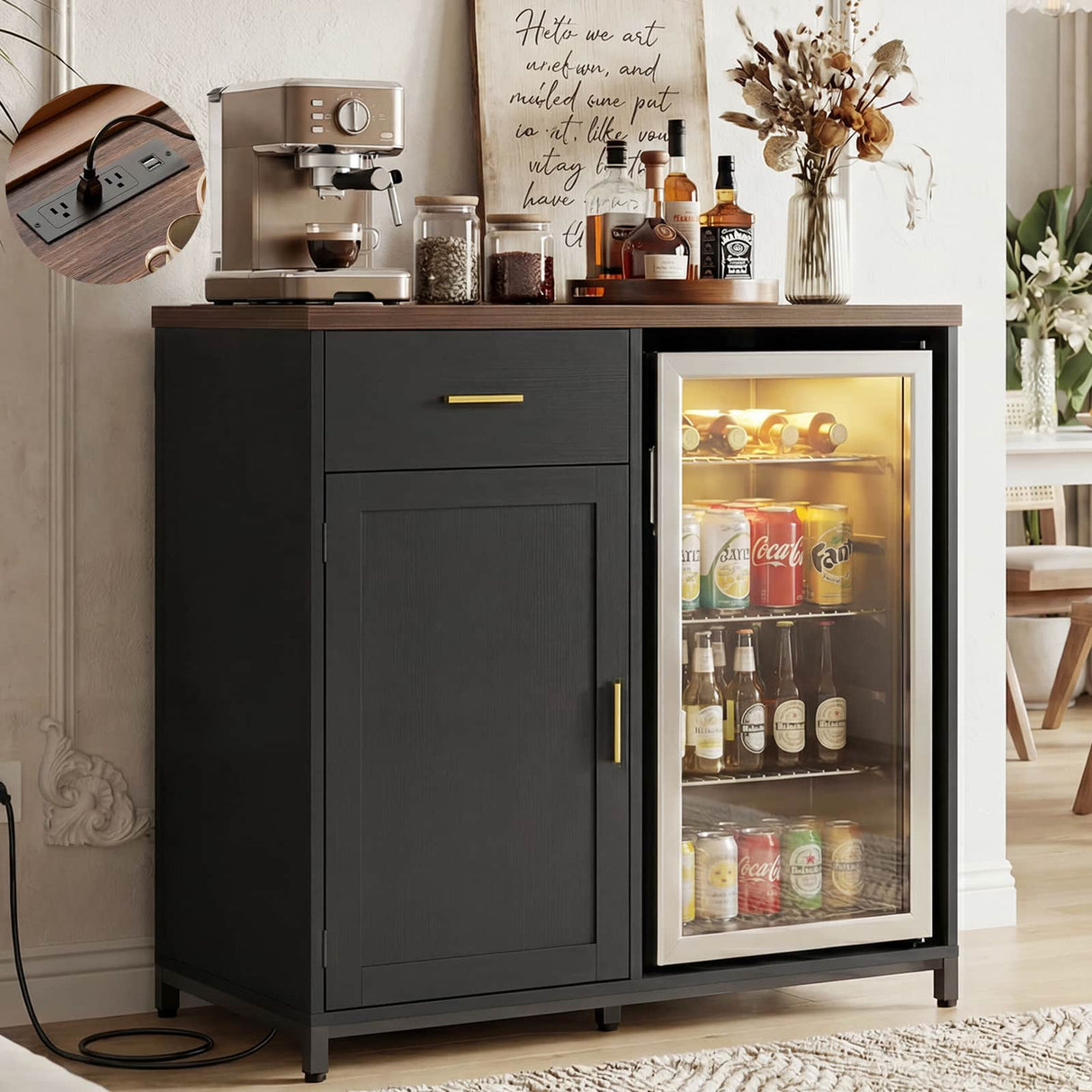 Small Coffee Bar Cabinet with Mini Fridge Space, Wine Bar with Charging Station & Drawer( Refrigerator not included )