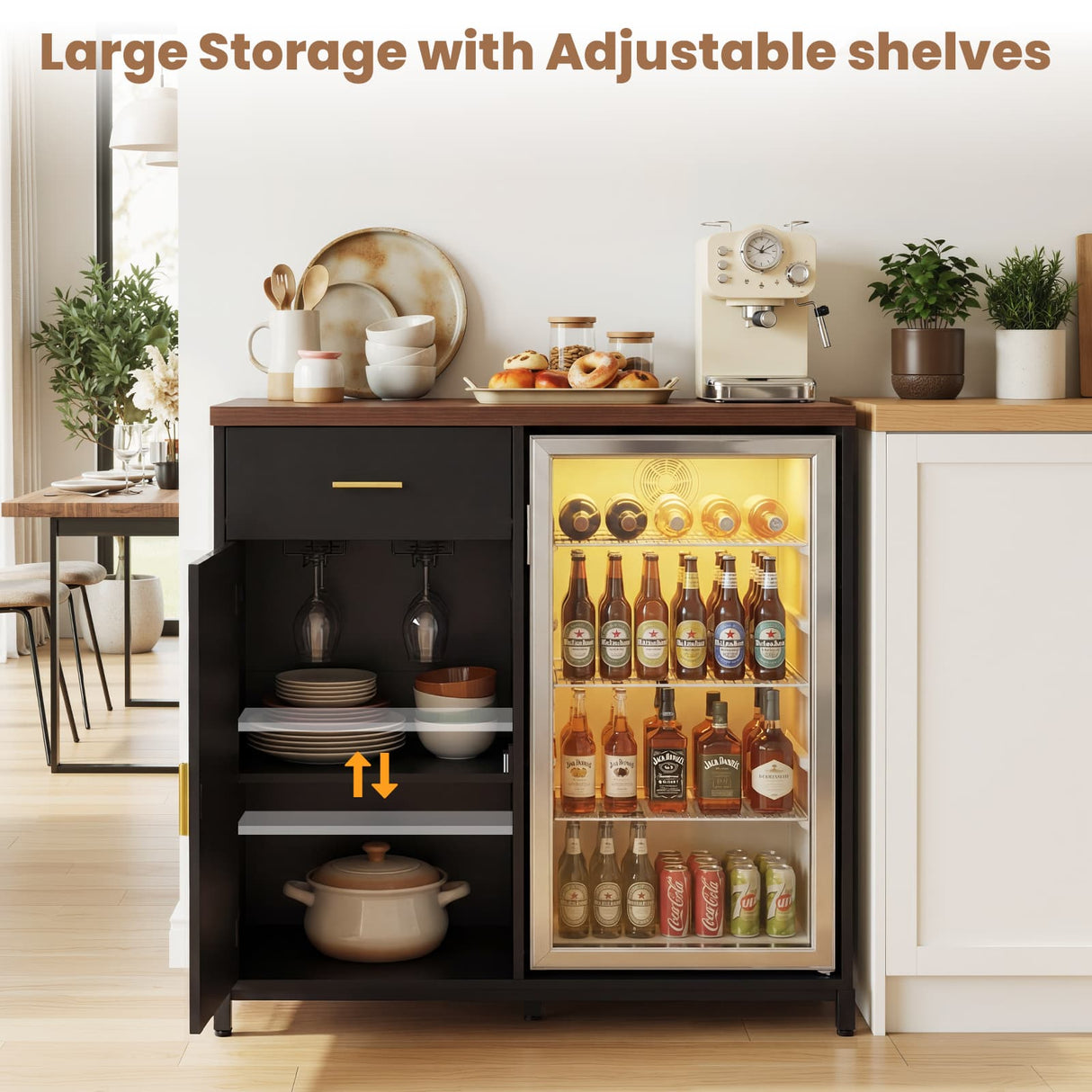 Small Coffee Bar Cabinet with Mini Fridge Space, Wine Bar with Charging Station & Drawer( Refrigerator not included )