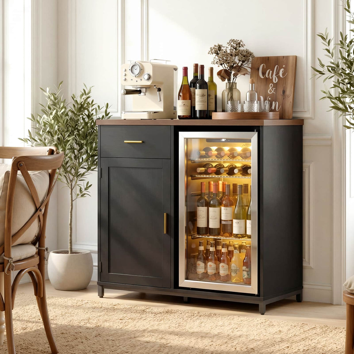 Small Coffee Bar Cabinet with Mini Fridge Space, Wine Bar with Charging Station & Drawer( Refrigerator not included )