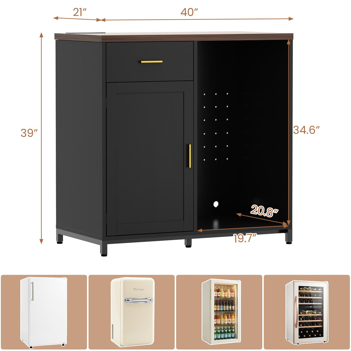 Small Coffee Bar Cabinet with Mini Fridge Space, Wine Bar with Charging Station & Drawer( Refrigerator not included )