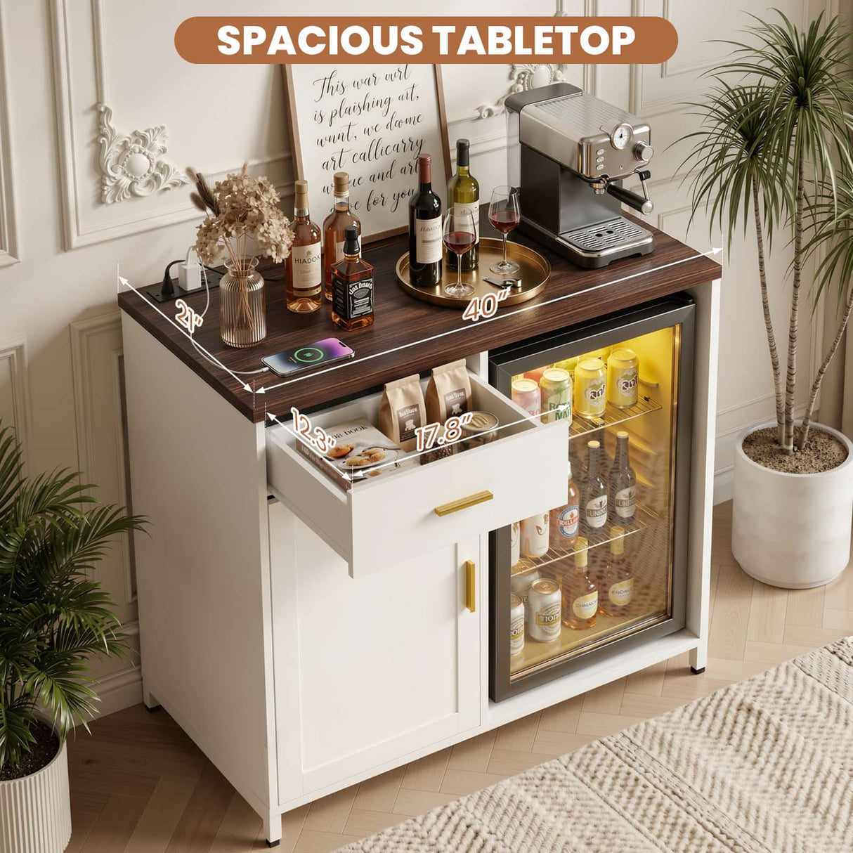 Small Coffee Bar Cabinet with Mini Fridge Space, Wine Bar with Charging Station & Drawer( Refrigerator not included )