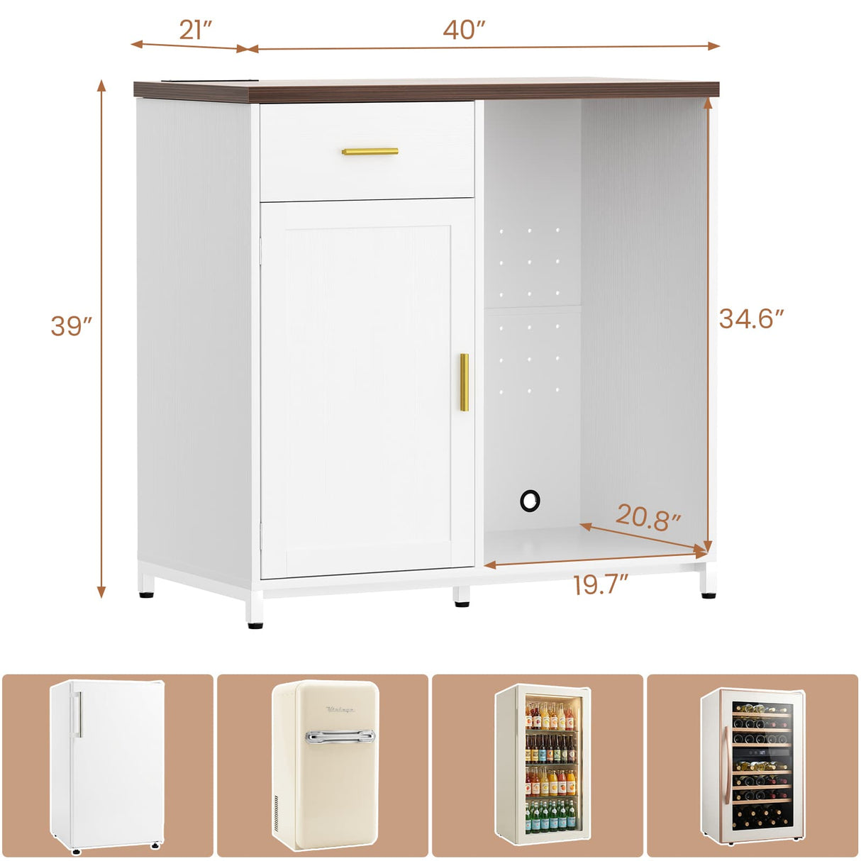 Small Coffee Bar Cabinet with Mini Fridge Space, Wine Bar with Charging Station & Drawer( Refrigerator not included )