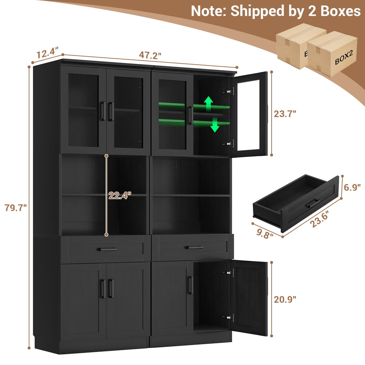 79.7" Tall Kitchen Pantry Storage Cabinet with Glass Door, Adjustable Shelves & Drawer, 2 Packs