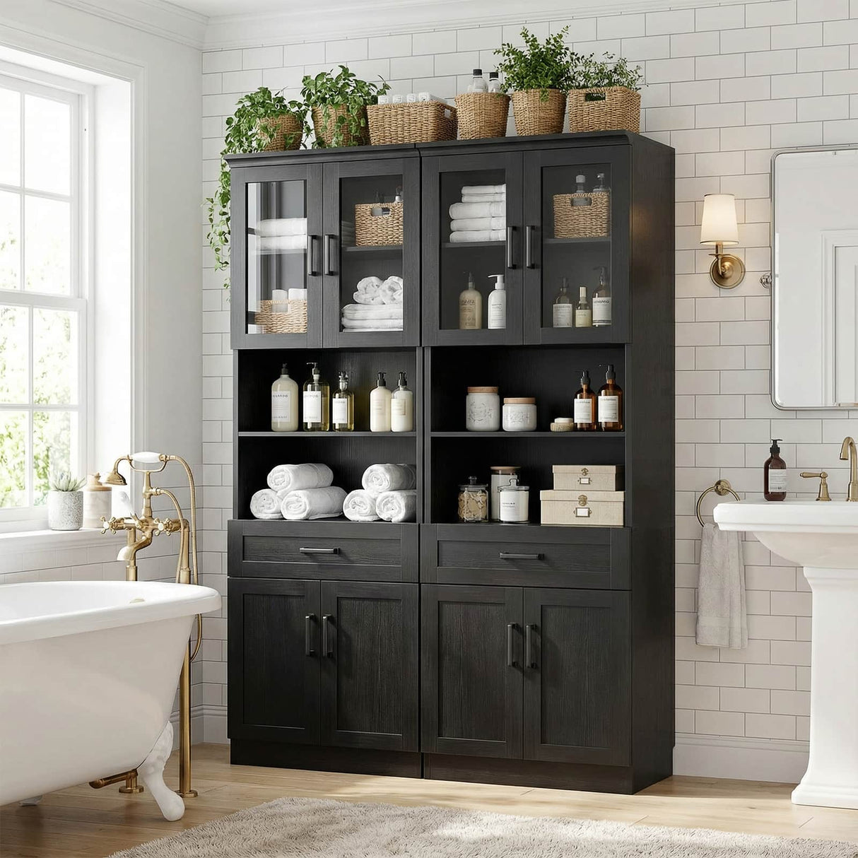 79.7" Tall Kitchen Pantry Storage Cabinet with Glass Door, Adjustable Shelves & Drawer, 2 Packs