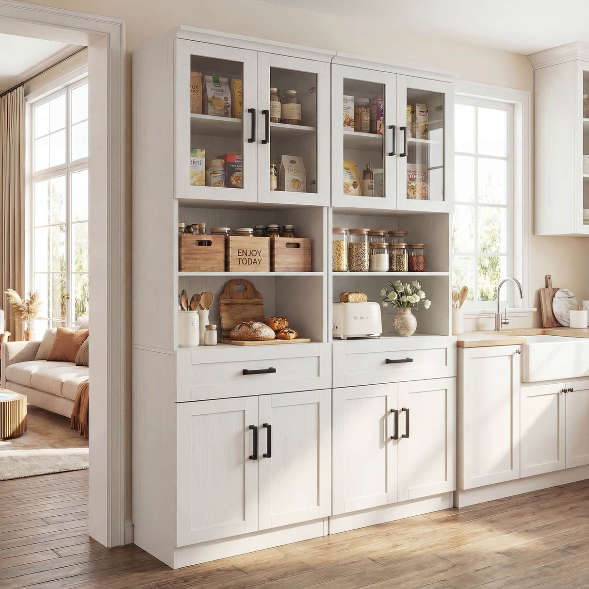 79.7" Tall Kitchen Pantry Storage Cabinet with Glass Door, Adjustable Shelves & Drawer, 2 Packs