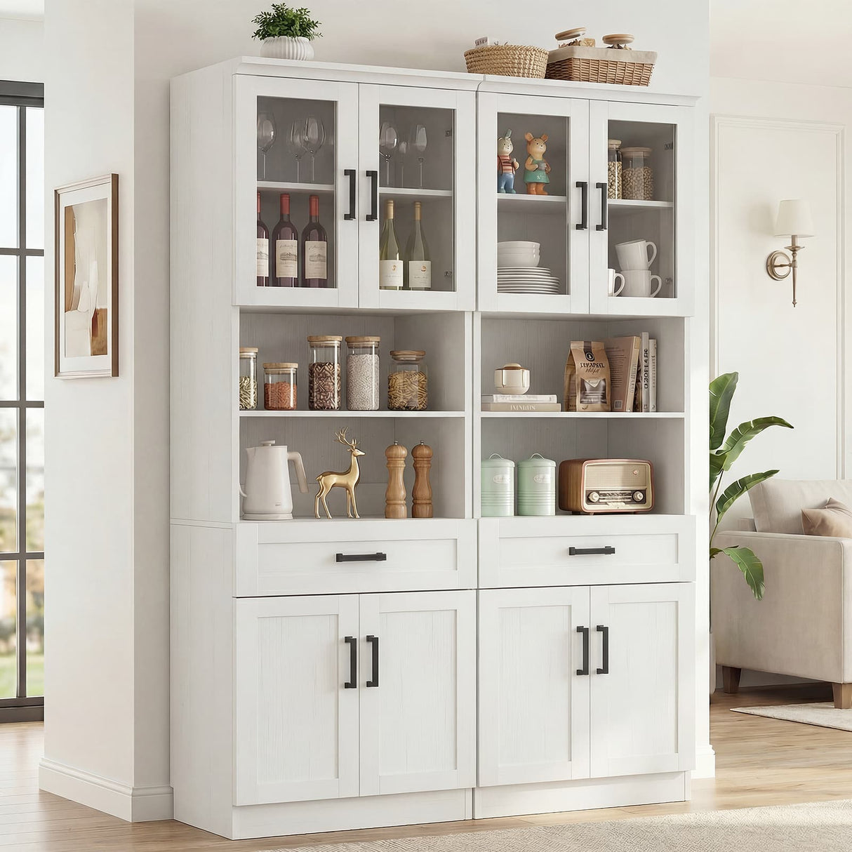 79.7" Tall Kitchen Pantry Storage Cabinet with Glass Door, Adjustable Shelves & Drawer, 2 Packs