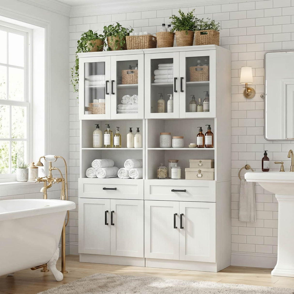 79.7" Tall Kitchen Pantry Storage Cabinet with Glass Door, Adjustable Shelves & Drawer, 2 Packs