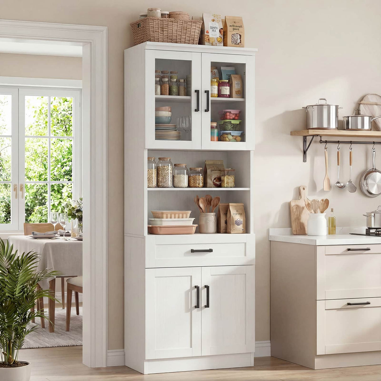79.7" Tall Kitchen Pantry Storage Cabinet with Glass Door, Adjustable Shelves, and Drawer