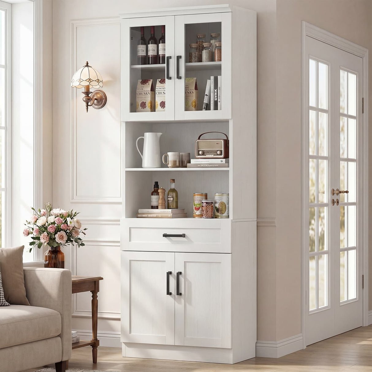 79.7" Tall Kitchen Pantry Storage Cabinet with Glass Door, Adjustable Shelves, and Drawer