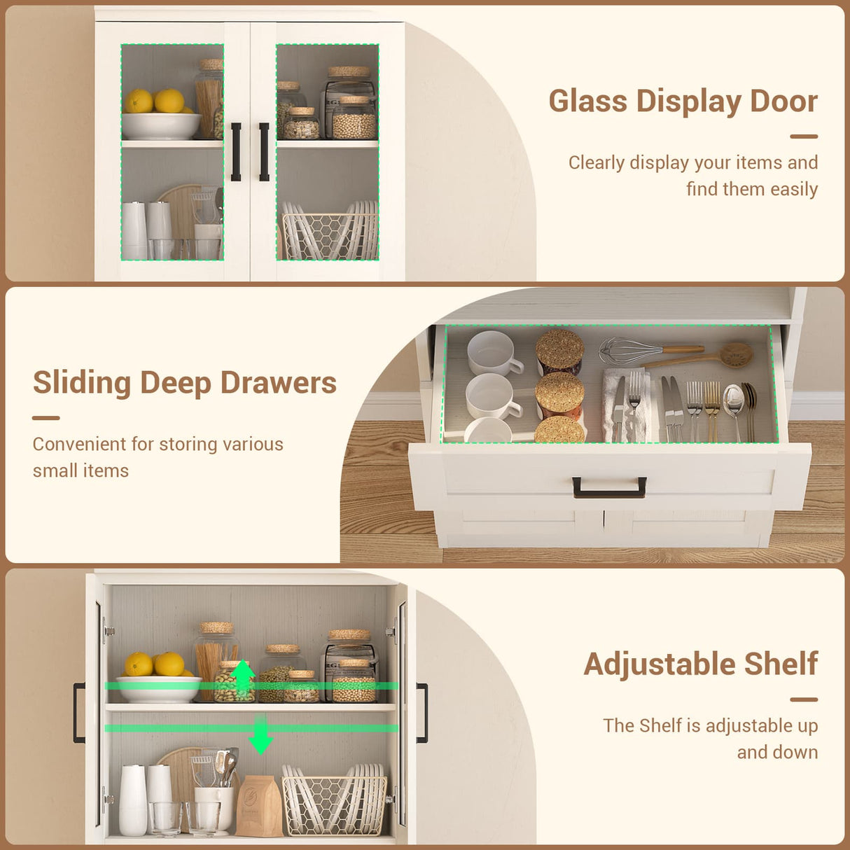 79.7" Tall Kitchen Pantry Storage Cabinet with Glass Door, Adjustable Shelves & Drawer, 2 Packs