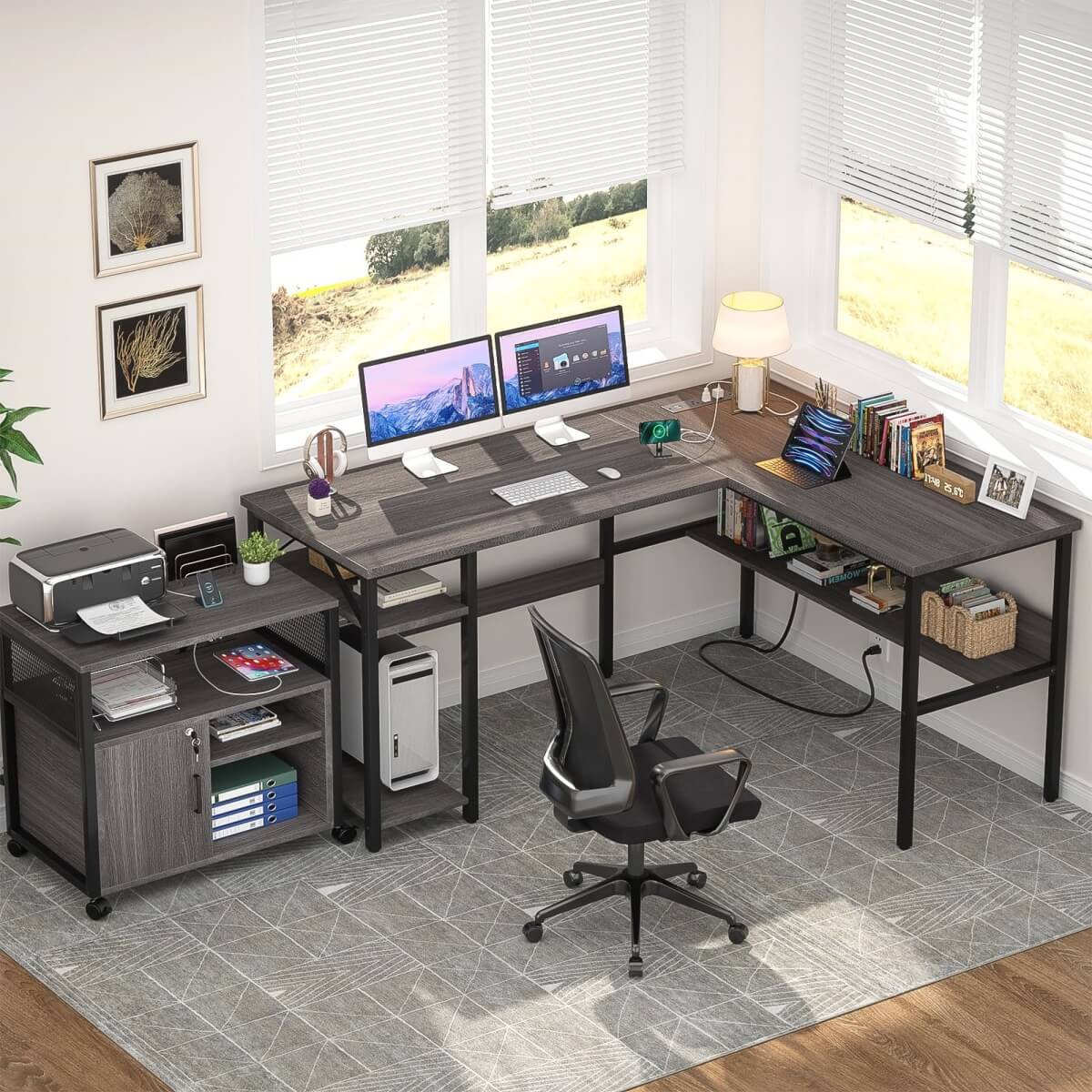 Unikito Reversible L Shaped Desk with Magic Power Outlets and USB Charging Ports, Sturdy Corner Computer Desk with Storage Shelves, Gaming Desk for Home Office, Easy to Assemble