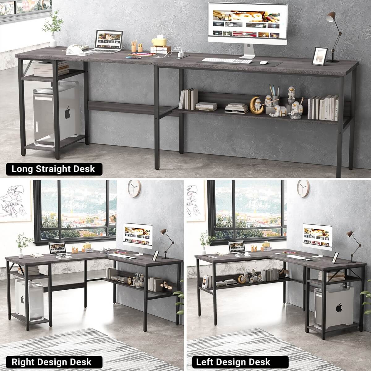 Unikito Reversible L Shaped Desk with Magic Power Outlets and USB Charging Ports, Sturdy Corner Computer Desk with Storage Shelves, Gaming Desk for Home Office, Easy to Assemble