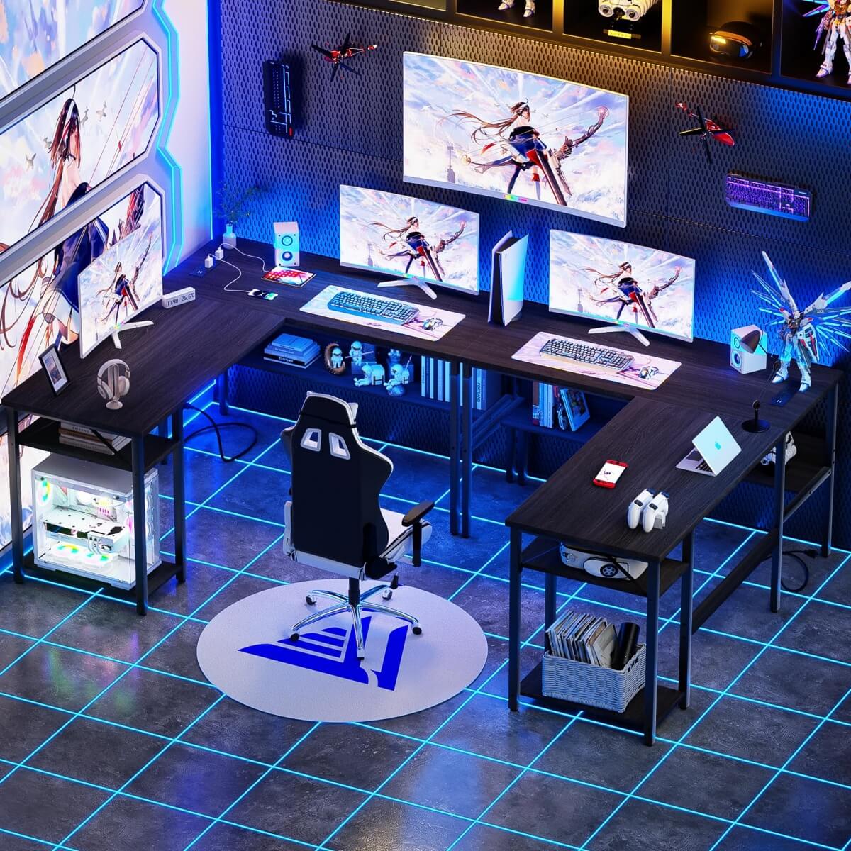 Unikito Reversible L Shaped Desk with Magic Power Outlets and USB Charging Ports, Sturdy Corner Computer Desk with Storage Shelves, Gaming Desk for Home Office, Easy to Assemble