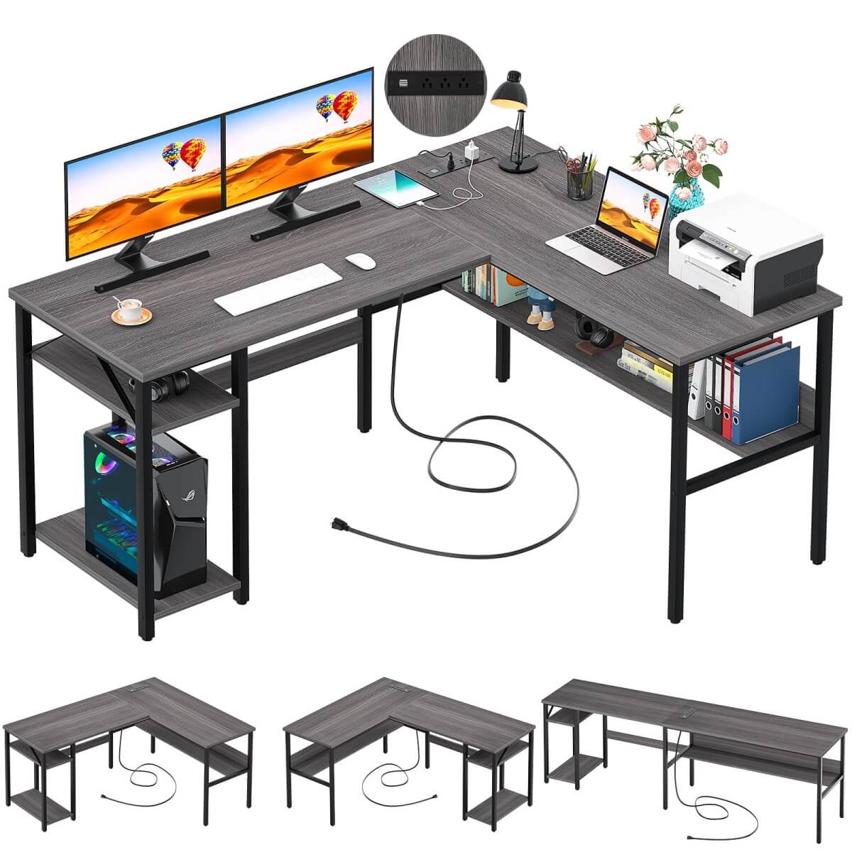 Unikito Reversible L Shaped Desk with Magic Power Outlets and USB Charging Ports, Sturdy Corner Computer Desk with Storage Shelves, Gaming Desk for Home Office, Easy to Assemble