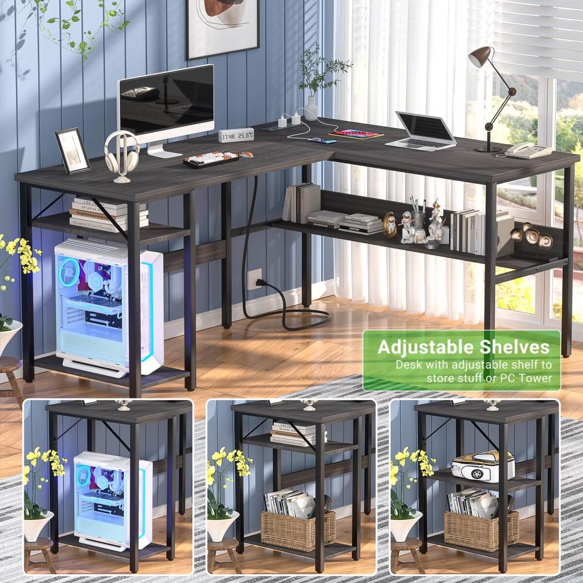 Unikito Reversible L Shaped Desk with Magic Power Outlets and USB Charging Ports, Sturdy Corner Computer Desk with Storage Shelves, Gaming Desk for Home Office, Easy to Assemble